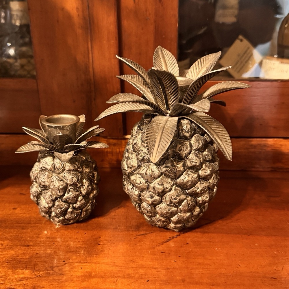 Vintage Pineapple Candle Holders Set 2 Silver Tone Metal for Taper Candlesticks